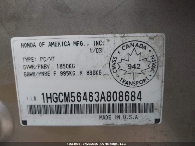 12664095 :رقم المزاد ، 1HGCM56463A808684 vin ، 2003 Honda Accord Sdn مزاد بيع