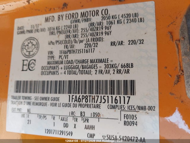 Продажа на аукционе авто 2018 Ford Mustang Ecoboost, vin: 1FA6P8TH7J5116117, номер лота: 12664108