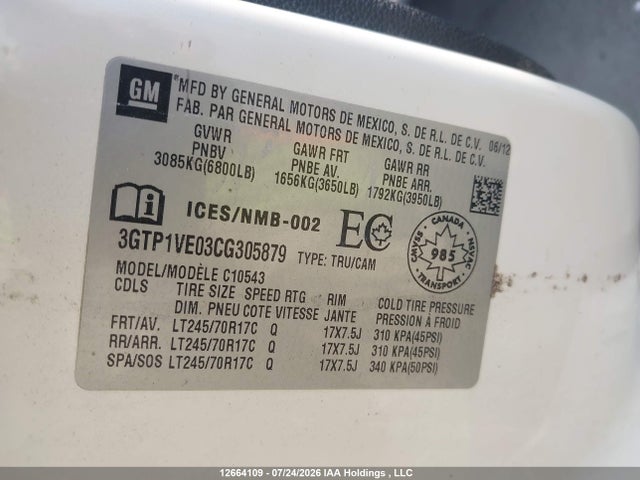 Продаж на аукціоні авто 2012 Gmc Sierra C1500 Sle, vin: 3GTP1VE03CG305879, номер лоту: 12664109
