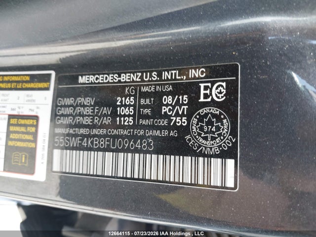 Продаж на аукціоні авто 2015 Mercedes-benz C 300 4matic, vin: 55SWF4KB8FU096483, номер лоту: 12664115