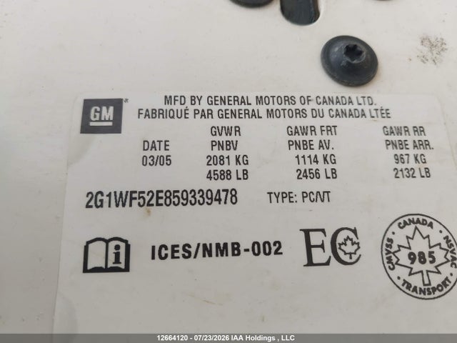 12664120 :رقم المزاد ، 2G1WF52E859339478 vin ، 2005 Chevrolet Impala مزاد بيع