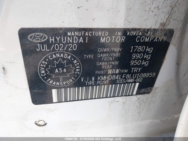 Продаж на аукціоні авто 2020 Hyundai Elantra Sel/value/limited, vin: KMHD84LF8LU108859, номер лоту: 12664126