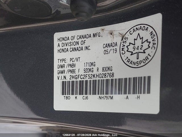 Honda Civic Lx 2019 2HGFC2F52KH028768 Image 9