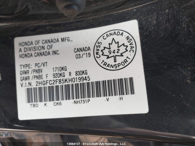 Honda Civic Sport 2019 2HGFC2F85KH019945 Image 9