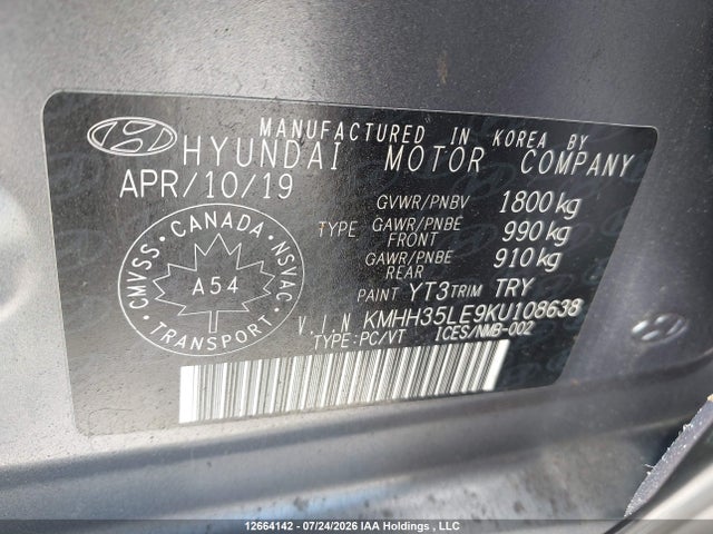 Продажа на аукционе авто 2019 Hyundai Elantra Gt Preferred, vin: KMHH35LE9KU108638, номер лота: 12664142