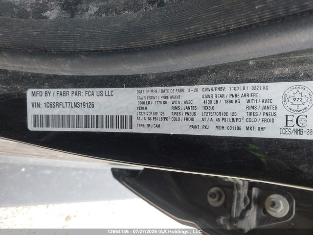 Aukcja sprzedaży 2020 Ram 1500 Rebel, vin: 1C6SRFLT7LN319126, numer aukcji: 12664146
