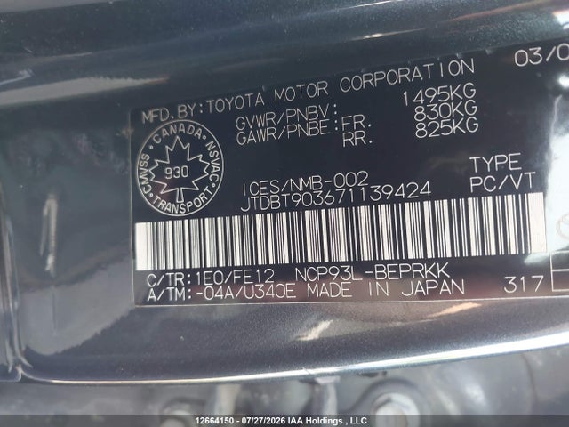 Aukcja sprzedaży 2007 Toyota Yaris, vin: JTDBT903671139424, numer aukcji: 12664150