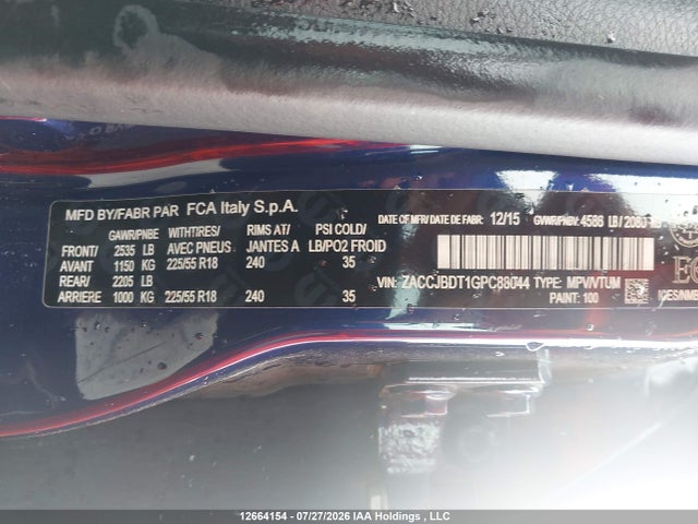 Продаж на аукціоні авто 2016 Jeep Renegade Limited, vin: ZACCJBDT1GPC88044, номер лоту: 12664154