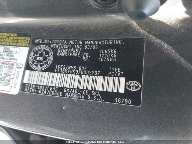 12664163 :رقم المزاد ، 4T1BK46K97U003707 vin ، 2007 Toyota Camry Le V6/se V6/xle V6 مزاد بيع