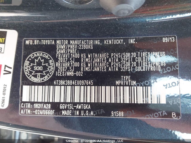 4T3BK3BB4EU097645 Toyota Venza Le/xle/limited