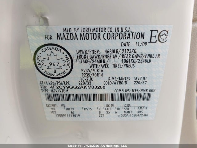 Продаж на аукціоні авто 2010 Mazda Tribute Gs V6/gt V6/gx V6, vin: 4F2CY9GG2AKM03268, номер лоту: 12664171