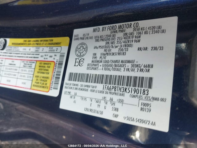 12664172 :رقم المزاد ، 1FA6P8TH3K5190183 vin ، 2019 Ford Mustang Ecoboost Premium مزاد بيع