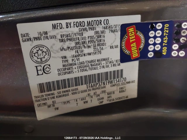 12664173 :رقم المزاد ، 1FAHP37N19W154170 vin ، 2009 Ford Focus Sel مزاد بيع