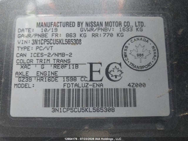 12664176 :رقم المزاد ، 3N1CP5CU5KL565308 vin ، 2019 Nissan Kicks S/sr/sv مزاد بيع