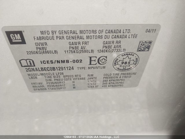 12664183 :رقم المزاد ، 2GNALBEC0B1291124 vin ، 2011 Chevrolet Equinox Ls مزاد بيع