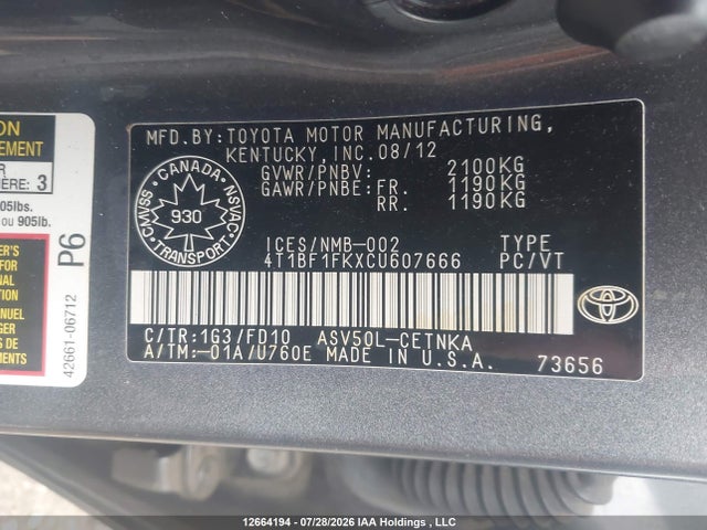 2012 Toyota Camry მანქანა იყიდება აუქციონზე, vin: 4T1BF1FKXCU607666, აუქციონის ნომერი: 12664194