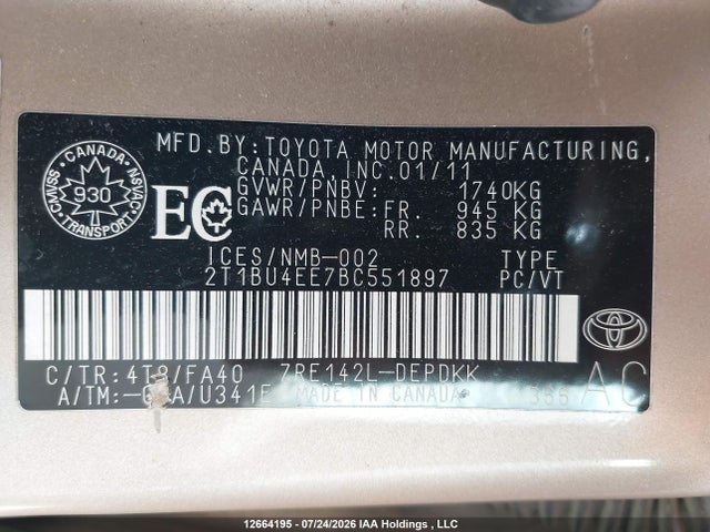 Продажа на аукционе авто 2011 Toyota Corolla, vin: 2T1BU4EE7BC551897, номер лота: 12664195