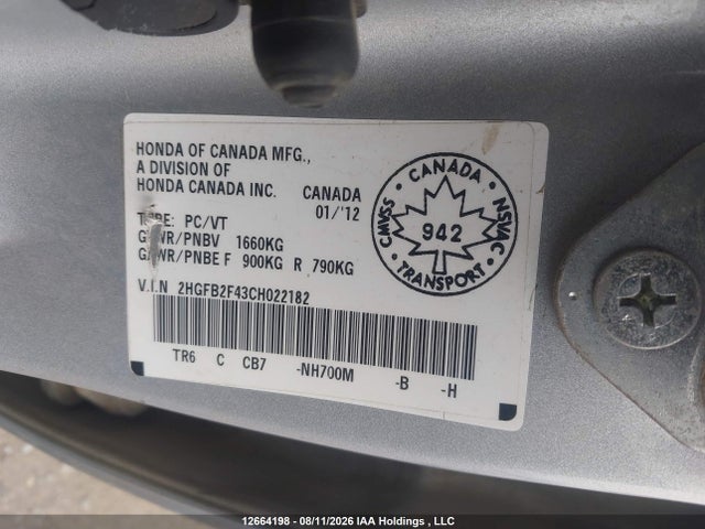 Продаж на аукціоні авто 2012 Honda Civic Lx, vin: 2HGFB2F43CH022182, номер лоту: 12664198