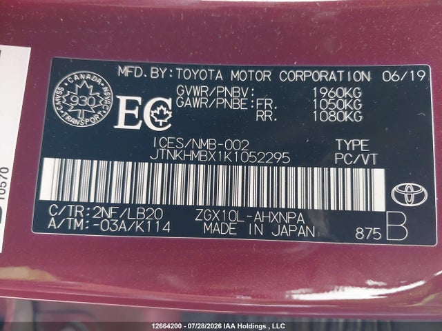 Auction sale of the 2019 Toyota C-hr Xle/le/limited, vin: JTNKHMBX1K1052295, lot number: 12664200
