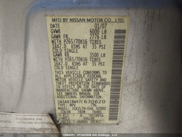 12664201 :رقم المزاد ، 5N1AR18W47C630620 vin ، 2007 Nissan Pathfinder Le/se/xe مزاد بيع