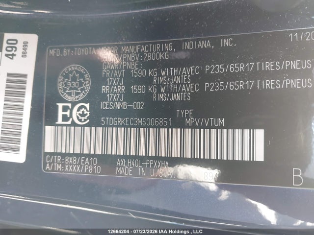 5TDGRKEC3MS006851 Toyota Sienna Xle 8-passenger