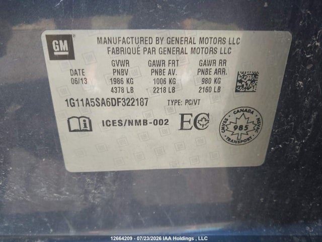 2013 Chevrolet Malibu Ls მანქანა იყიდება აუქციონზე, vin: 1G11A5SA6DF322187, აუქციონის ნომერი: 12664209