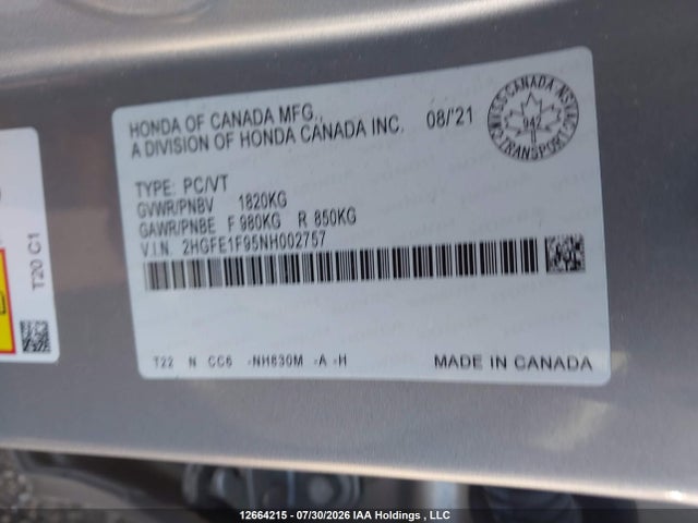 2022 Honda Civic Touring მანქანა იყიდება აუქციონზე, vin: 2HGFE1F95NH002757, აუქციონის ნომერი: 12664215