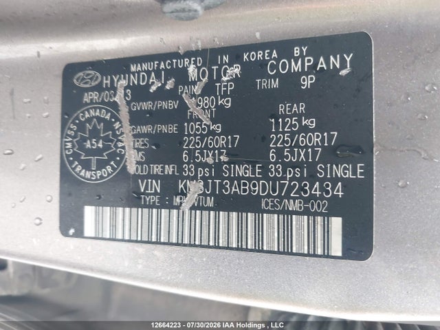 12664223 :رقم المزاد ، KM8JT3AB9DU723434 vin ، 2013 Hyundai Tucson L مزاد بيع