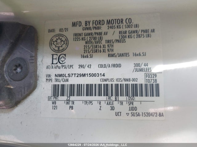12664229 :رقم المزاد ، NM0LS7T29M1500314 vin ، 2021 Ford Transit Connect Xlt مزاد بيع