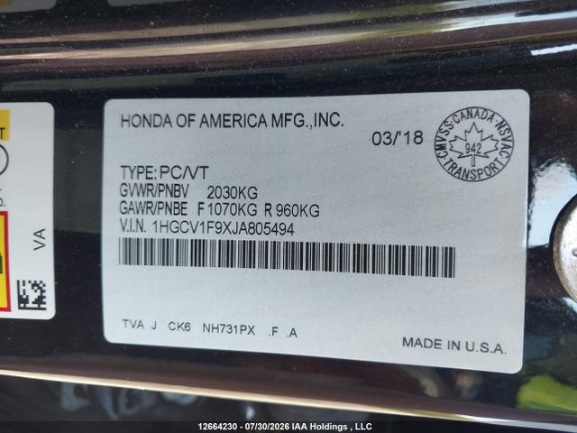 Aukcja sprzedaży 2018 Honda Accord Touring, vin: 1HGCV1F9XJA805494, numer aukcji: 12664230