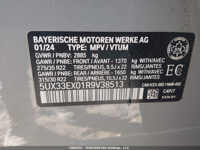 12664232 :رقم المزاد ، 5UX33EX01R9V38513 vin ، 2024 Bmw X6 Xdrive40i مزاد بيع
