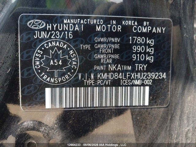 12664233 :رقم المزاد ، KMHD84LFXHU239234 vin ، 2017 Hyundai Elantra مزاد بيع