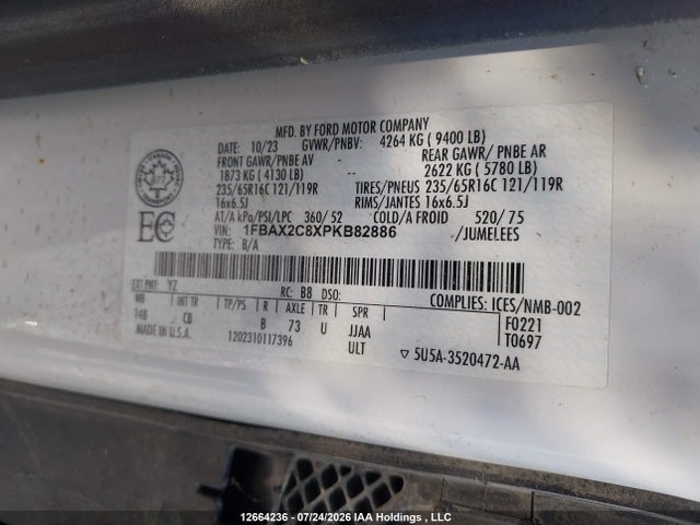 2023 Ford Transit-350 Passenger Xl/xlt მანქანა იყიდება აუქციონზე, vin: 1FBAX2C8XPKB82886, აუქციონის ნომერი: 12664236