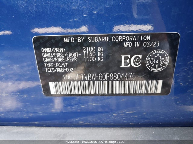 Продажа на аукционе авто 2023 Subaru Wrx Sport, vin: JF1VBAH60P8804475, номер лота: 12664244