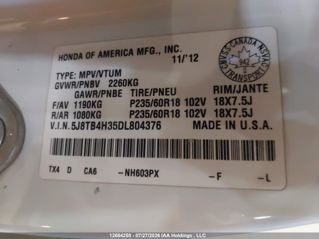 Aukcja sprzedaży 2013 Acura Rdx, vin: 5J8TB4H35DL804376, numer aukcji: 12664258