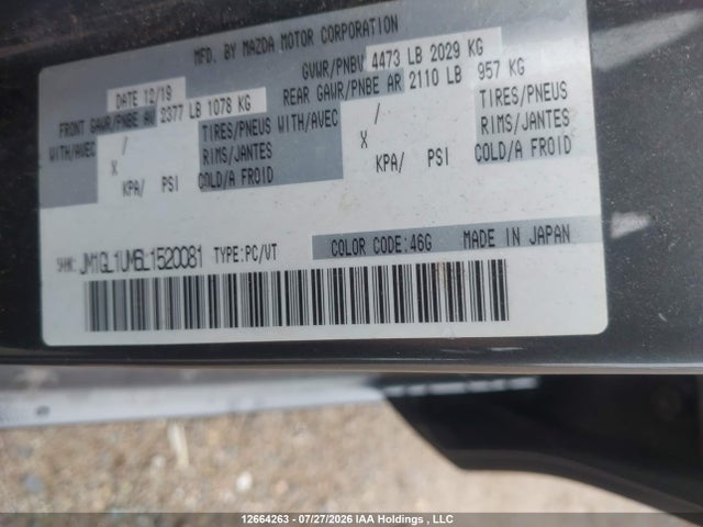 12664263 :رقم المزاد ، JM1GL1UM6L1520081 vin ، 2020 Mazda 6 Sport مزاد بيع