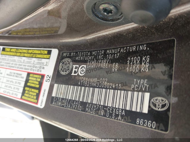 Продаж на аукціоні авто 2018 Toyota Camry Hybrid/le/xle/se, vin: 4T1B21HK3JU502411, номер лоту: 12664268