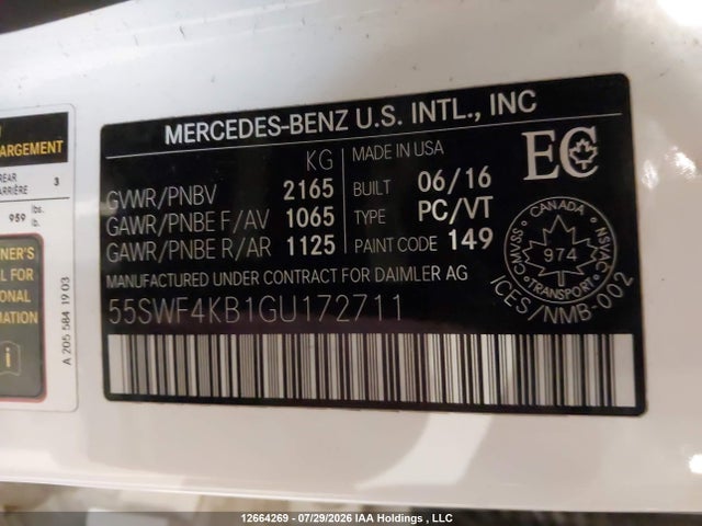 12664269 :رقم المزاد ، 55SWF4KB1GU172711 vin ، 2016 Mercedes-benz C 300 4matic مزاد بيع