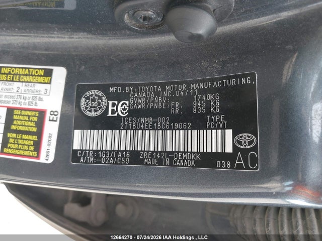 12664270 :رقم المزاد ، 2T1BU4EE1BC619062 vin ، 2011 Toyota Corolla مزاد بيع
