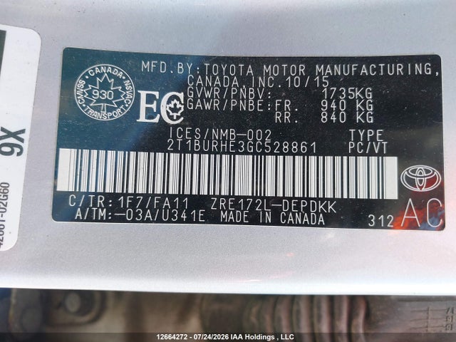 Toyota COROLLA CE 2016 2T1BURHE3GC528861 Image 9