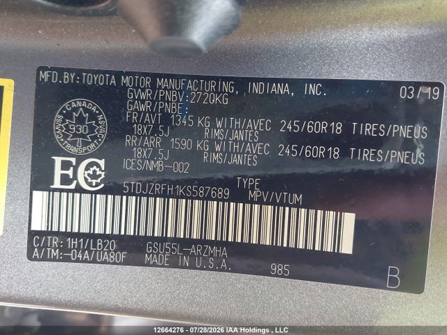 5TDJZRFH1KS587689 Toyota Highlander Xle