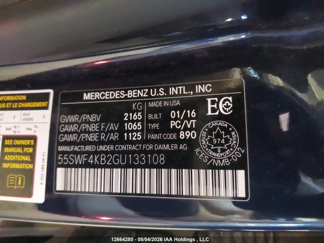 Продаж на аукціоні авто 2016 Mercedes-benz C 300 4matic, vin: 55SWF4KB2GU133108, номер лоту: 12664280