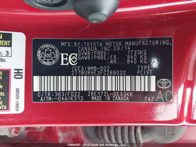 2T1BURHE3FC266032 Toyota Corolla L/le/le Pls/prm/s/s Pls