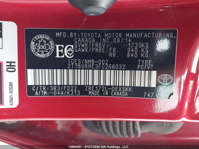 2T1BURHE3FC266032 Toyota Corolla L/le/le Pls/prm/s/s Pls