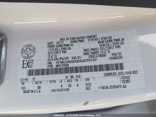 2017 Ford Escape Se მანქანა იყიდება აუქციონზე, vin: 1FMCU9GD2HUD70137, აუქციონის ნომერი: 12664292