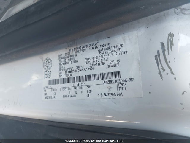 Продаж на аукціоні авто 2021 Ford Transit-250, vin: 1FTBR3X80MKA18102, номер лоту: 12664301