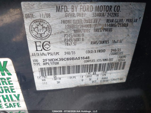2009 Ford Edge Limited მანქანა იყიდება აუქციონზე, vin: 2FMDK39C69BA51648, აუქციონის ნომერი: 12664309