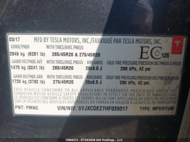 Продаж на аукціоні авто 2017 Tesla Model X 100d/75d/90d, vin: 5YJXCDE27HF039317, номер лоту: 12664312