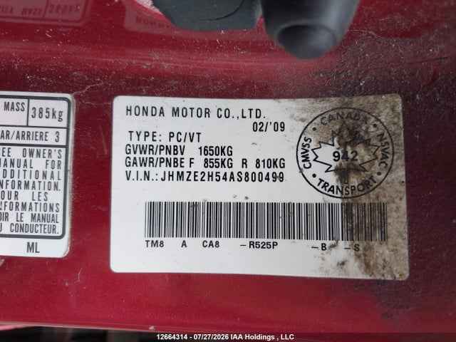 Продажа на аукционе авто 2010 Honda Insight Lx, vin: JHMZE2H54AS800499, номер лота: 12664314