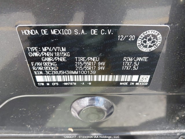Aukcja sprzedaży 2021 Honda Hr-v Lx, vin: 3CZRU5H38MM100139, numer aukcji: 12664317